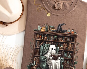 Retro Ghost Reading Shirt: Halloween Librarian Comfort Colors Tee