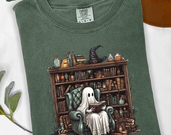 Retro Ghost Reading Shirt: Halloween Librarian Comfort Colors Tee