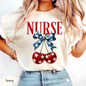 Nurse Coquette Cherry Bow Comfort Colors Shirt: 4th Of July Patriotic Tee