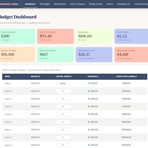 May include: A digital dashboard displaying financial data. The top section shows weekly budget, spending, and remaining funds. The lower section is a weekly spend tracker with budget, actual spend, variance, and cumulative savings.
