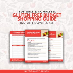 Könnte beinhalten: Editierbarer und vollständiger glutenfreier Budget-Einkaufsführer mit drei Seiten. Die erste Seite ist eine Einkaufsliste mit Spalten für Lebensmittel, Menge und Preis. Die zweite Seite ist eine Liste glutenfreier Grundnahrungsmittel für Speisekammer, Kühlschrank und Gefrierschrank. Die dritte Seite ist eine Liste glutenfreier Grundnahrungsmittel für Kühlschrank und Gefrierschrank.
