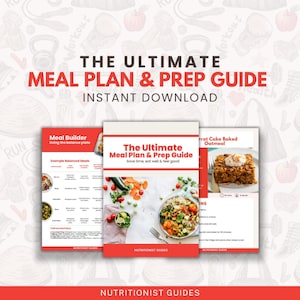 Op de afbeelding: Een digitale downloadgids voor het plannen en voorbereiden van maaltijden. De gids bevat een maaltijdplanner, voorbeelden van uitgebalanceerde maaltijden en een recept voor worteltaart-havermout. De gids is getiteld "The Ultimate Meal Plan & Prep Guide" en "Direct downloaden".