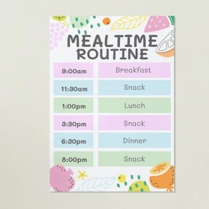 May include: A colorful mealtime routine chart with a white background. The chart includes the text "MEALTIME ROUTINE" and lists meal times and meal names such as "Breakfast", "Lunch", and "Dinner". Decorative fruit illustrations are at the top and bottom.