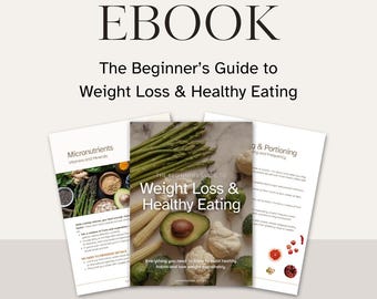 May include: An ebook cover titled "The Beginner's Guide to Weight Loss & Healthy Eating" with images of vegetables. The cover includes the text "EBOOK" and "NUTRITIONIST GUIDES".