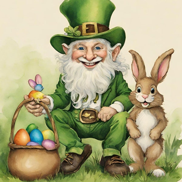 St. Patricks Day and Easter in March together. Leprechauns and Easter bunny.  March Celebrations. Shamrock Bunny. AI created. Lucky Charm.