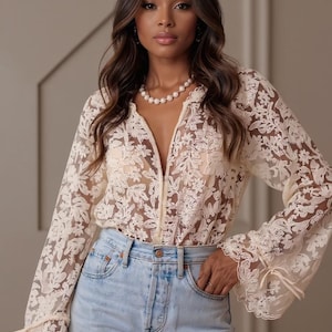 Lace Button-Up Long Sleeve Shirt | Women&#39;s Sheer Lace Blouse with Drawstring | Elegant No-Stretch Top for Casual, Work, or Evening Wear
