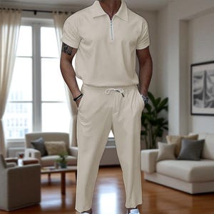 Men&#39;s Plus Size Quarter Zip Short Sleeve Polo & Pants Set | Casual 2-Piece Outfit with Drawstring Waist and Pockets | S–3XL | Gift for Him