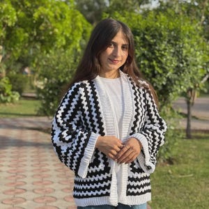 Handmade Hexagon Crochet Cardigan in Black & White | Women&#39;s Boho Granny Square Sweater | Autumn Winter Handmade Gift for Mom | S-M Sizes