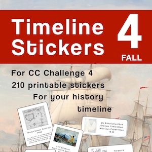 Peut inclure: Un ensemble de 210 autocollants d'histoire chronologique imprimables pour le défi CC 4. Les autocollants présentent des illustrations d'événements et de personnages historiques, notamment Leif Erickson, Vasco Nunez de Balboa et Nicolas Copernic. Les autocollants sont conçus pour être utilisés en classe ou en enseignement à domicile.