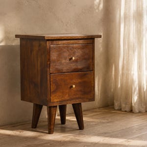Solid Wood Nightstand with Drawer, Small Nightstand with 2 Drawers, Mid Century Bedside Table, Narrow Bedroom Night Stand