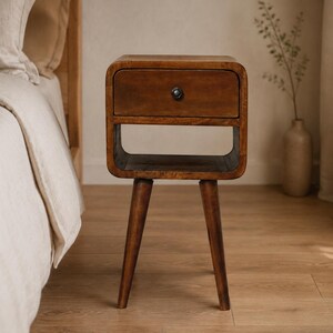 Mid Century Nightstand, Small Curved Wood Bedside Table, Chestnut Drawer Shelf