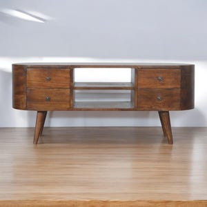 栗色の丸型エンターテイメントユニット – 4 引き出し付き木製メディアコンソール