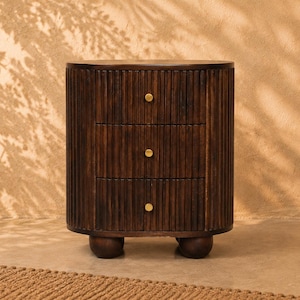 Walnut Nightstand with 3 Drawers, Solid Wood Nightstand, Round Fluted Bedside Table, Mid Century Modern Bedroom Storage