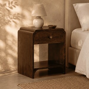 Mid Century Nightstand, Solid Wood Bedside Table, Walnut Drawer Shelf Storage