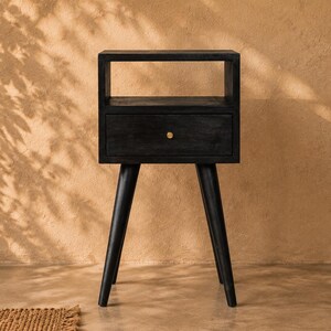Mid Century Nightstand, Small Solid Wood Bedside Table, Ash Black Drawer Shelf