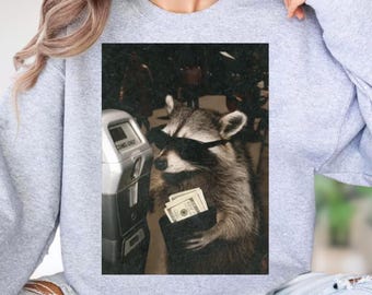 Raton laveur argent gangster PNG, téléchargement numérique drôle de bandit de portefeuille, clipart de bandit d'humour