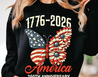 1776-2026 Amérique 250e anniversaire PNG, téléchargement numérique papillon patriotique, sublimation florale