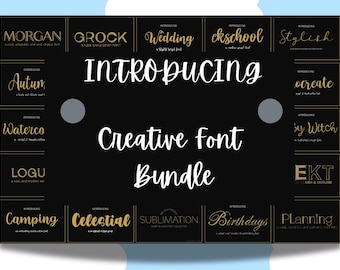 May include: A black graphic with the words "Introducing Creative Font Bundle" in white script. The graphic includes various font names in gold and white, such as "Morgan", "Autumn", and "Camping". The background is a light blue.