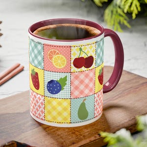Cottagecore Fruit Patchwork Ceramic Mug, Picnic-Inspired Coffee Cup