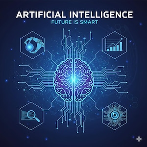 May include: A digital illustration with the words "ARTIFICIAL INTELLIGENCE" and "FUTURE IS SMART" in white text. The image features a glowing brain connected by circuits to various hexagonal icons, including a robot arm, a magnifying glass, and a data chart.