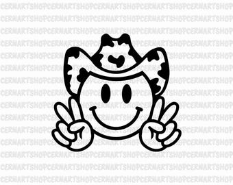 Kuh-Druck Smiley Peace-Zeichen SVG, Cowboy-Hut (Digitaler Download)