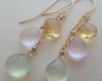 Gemstone earrings, multi stone earrings, long dangle earrings, citrine earrings, rose quartz earrings prehnite earrings pink quartz handmade