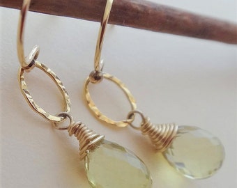 Yellow gemstone earrings, gold gemstone earrings, yellow and gold earrings, lemon quartz earrings, lemon quartz teardrop earrings, handmade