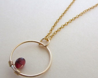 Gemstone necklace, red gemstone necklace, gold necklace, red garnet gold pendant necklace, red garnet gold circle pendant necklace, handmade