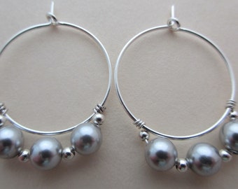 Hoop earrings, beaded hoop earrings, gemstone hoop earrings, gray pearl hoop earrings, gray pearl hoops, gray pearl hoop earrings, handmade