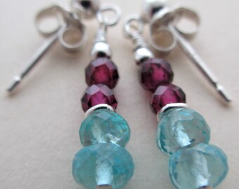 red and aqua earrings red and aqua post earrings garnet and aqua apatite earrings garnet and apatite sterling silver post earrings handmade