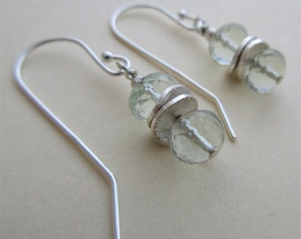 Gemstone earrings, green gemstone earrings, green amethyst stack earrings, green amethyst and sterling silver disc stack earrings, handmade