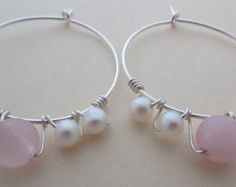 Beaded hoops gemstone hoops pink and white hoop earrings pink quartz and white gemstone hoops rose quartz and white pearl hoops handmade