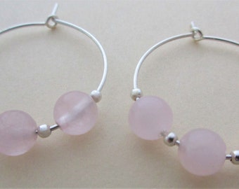 Gemstone earrings rose gemstone wire wrapped hoops beaded hoop earrings rose quartz hoop earrings rose quartz sterling silver hoops handmade