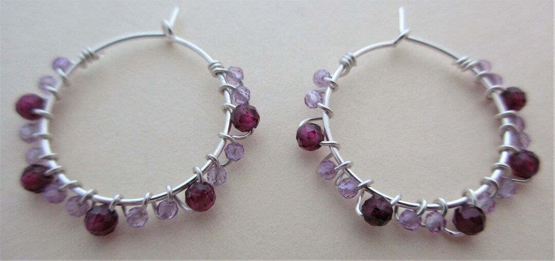 Small Beaded Hoop Earrings Gemstone Hoops Wire Wrapped Gemstone Silver