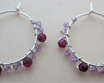 Small beaded hoop earrings gemstone hoops wire wrapped gemstone silver hoops amethyst and red garnet gemstone sterling silver hoops handmade