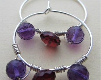 Gemstone hoop earrings red and purple hoops garnet and amethyst silver hoops garnet and amethyst rondelle sterling silver hoops handmade