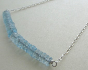 blue gemstone necklace, blue and sterling silver necklace, aquamarine necklace, aquamarine bar necklace, aquamarine row necklace, handmade