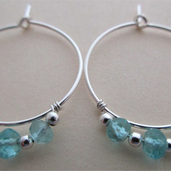 Small beaded hoop earrings, gemstone small hoop earrings, aqua gemstone sterling silver hoops, aqua apatite sterling silver hoops, handmade