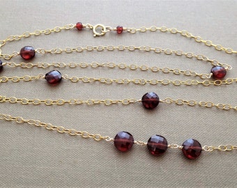 Red gemstone necklace red and gold necklace red garnet gold necklace red garnet coin long necklace red garnet gold chain necklace handmade