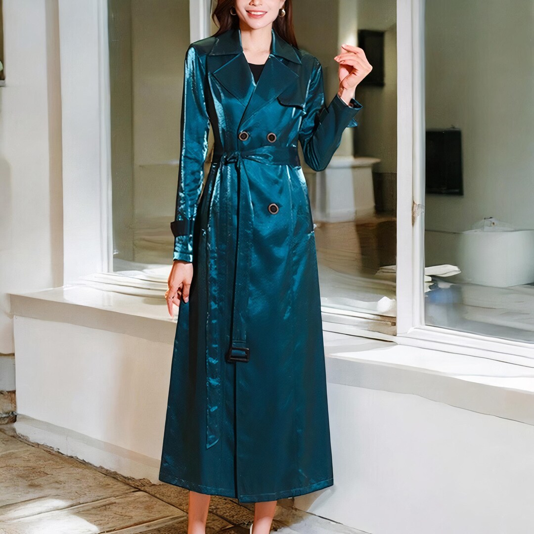 Flounce Sleeve Belted Longline Satin Trench Coat main image 0