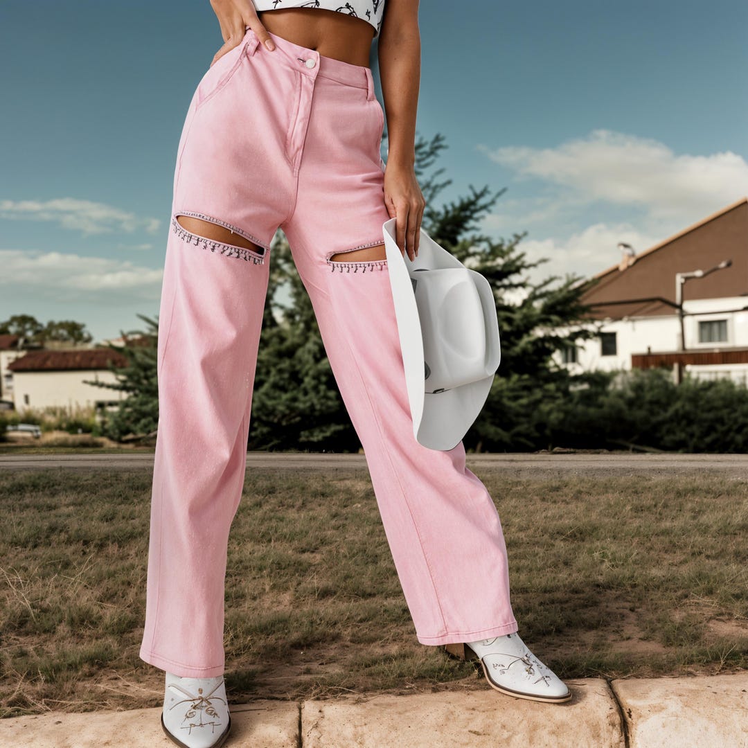 Low Rise Cuffed  Western Jean with Pink Vinyl Croc Panels