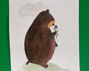 Bear original watercolor, brown grizzly bear, children's art, bear smelling flower, woodland art, whimsical art nursery art, bear wall art