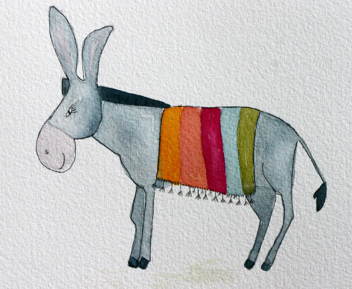 Donkey With Mexican Blanket Original Watercolor Grey Donkey Etsy