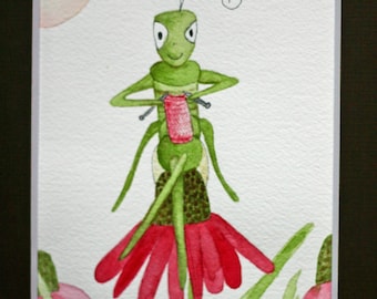 Grasshopper, grasshopper original watercolor painting, grasshopper wall decor, knitting art, grasshopper wall art, garden wall decor, bugs