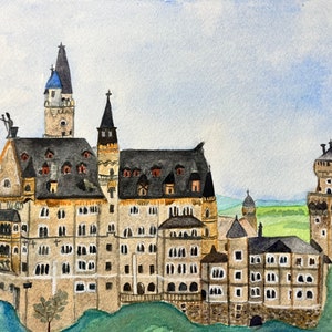 Neuschwanstein castle, original castle watercolor painting, iGermany, Bavaria, castle, Germany travel art, German castle, castle painting
