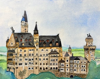 Neuschwanstein castle, original castle watercolor painting, iGermany, Bavaria, castle, Germany travel art, German castle, castle painting