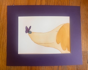 original watercolor painting of dog and butterfly, matted art, nursery wall decor, dog nose, humorous art, whimsical dog painting