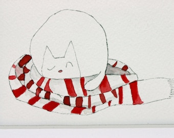 cat, cat original watercolor, cat painting, cat pen and ink, cat nursery art, cat artwork, cat wall decor, cat wall art, small art, pet art
