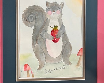 Squirrel, squirrel illustration, original watercolor painting, whimsical squirrel painting, wall art, squirrel wall decor, life is good art