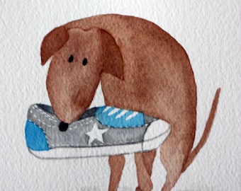 Whimsical original watercolor, dog with sneaker, brown dog, turquoise and grey, converse, children's art, nursery art